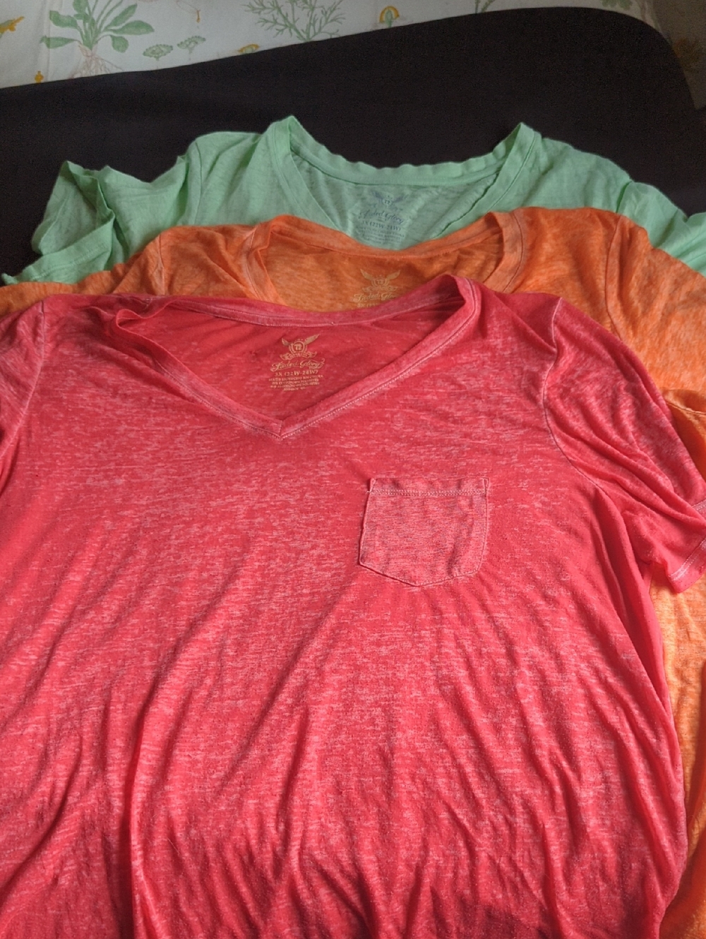 Faded Glory Short Sleeve V-Neck Tee Trio in Coral, Orange, Mint